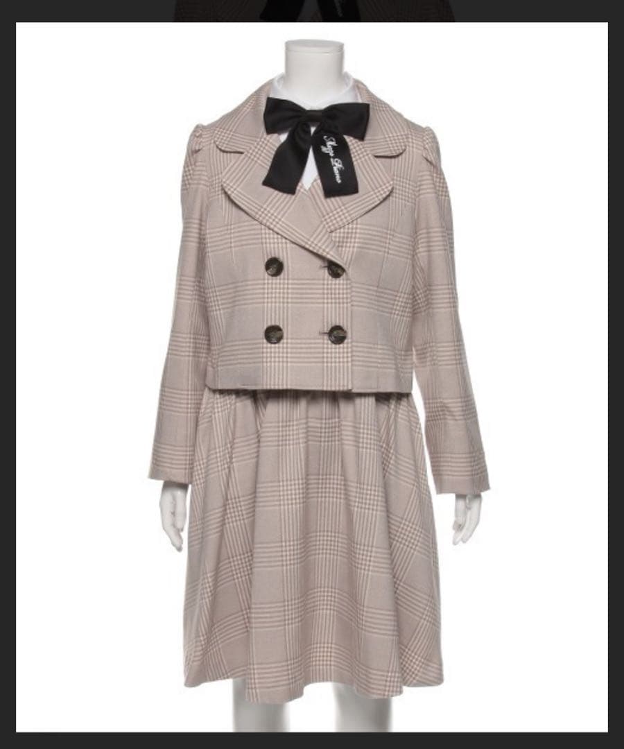 メゾピアノジュニア160チェック柄ジャケット×サスペンダースカート×リボンタイ