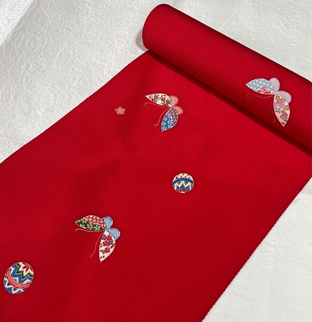 Katy☆ 正絹小紋　丹後ちりめん　七五三　手ざし友禅　反物　赤　蝶々と鞠