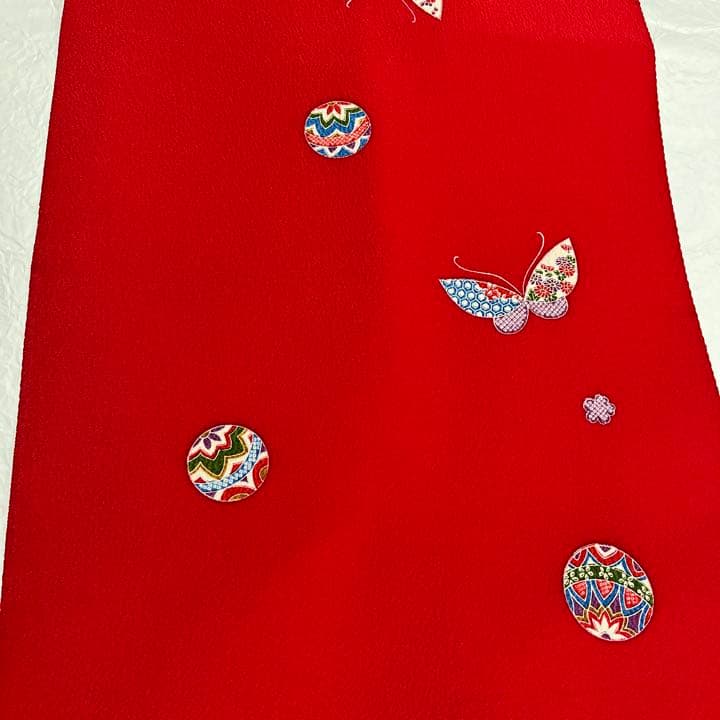 Katy☆ 正絹小紋　丹後ちりめん　七五三　手ざし友禅　反物　赤　蝶々と鞠