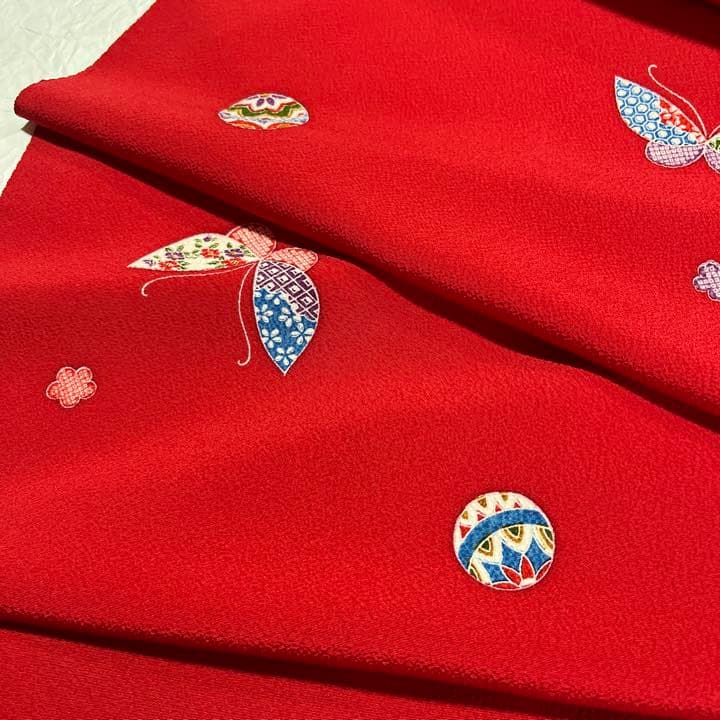 Katy☆ 正絹小紋　丹後ちりめん　七五三　手ざし友禅　反物　赤　蝶々と鞠