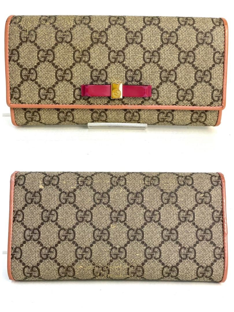 【美品】GUCCI GGスプリーム 長財布 リボン ゴールド金具 エナメル