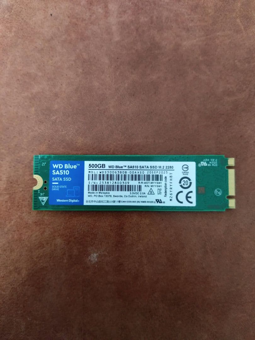 M.2 SSD 2280 500GB SATAタイプ WD Blue SA510