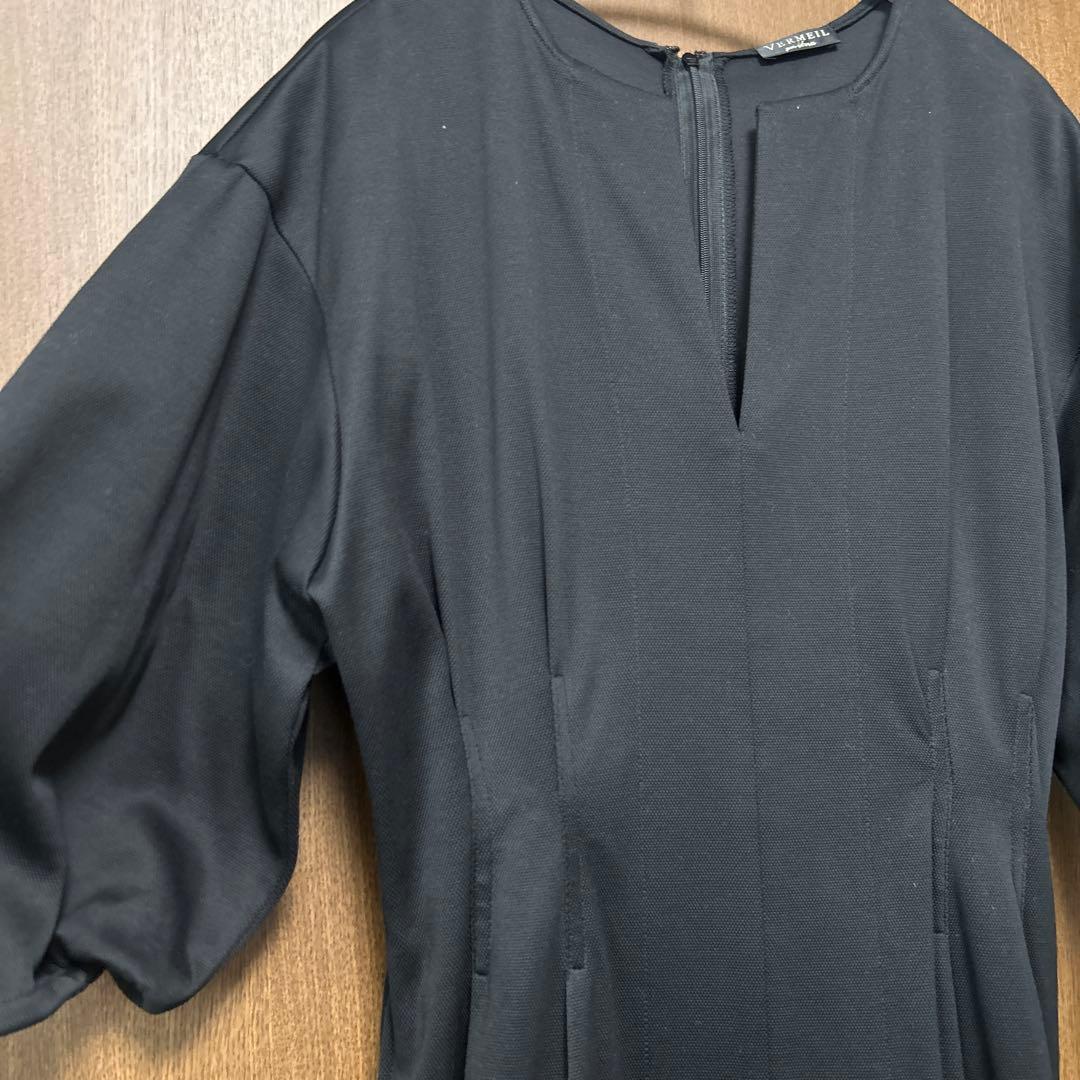 ヴェルメイユパーイエナ　IENA ウエストシェイプパフスリーブワンピース 38黒