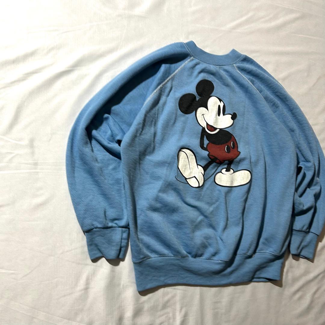 80sミッキーマウスプリント 白足 スウェット vintage 水色 短丈