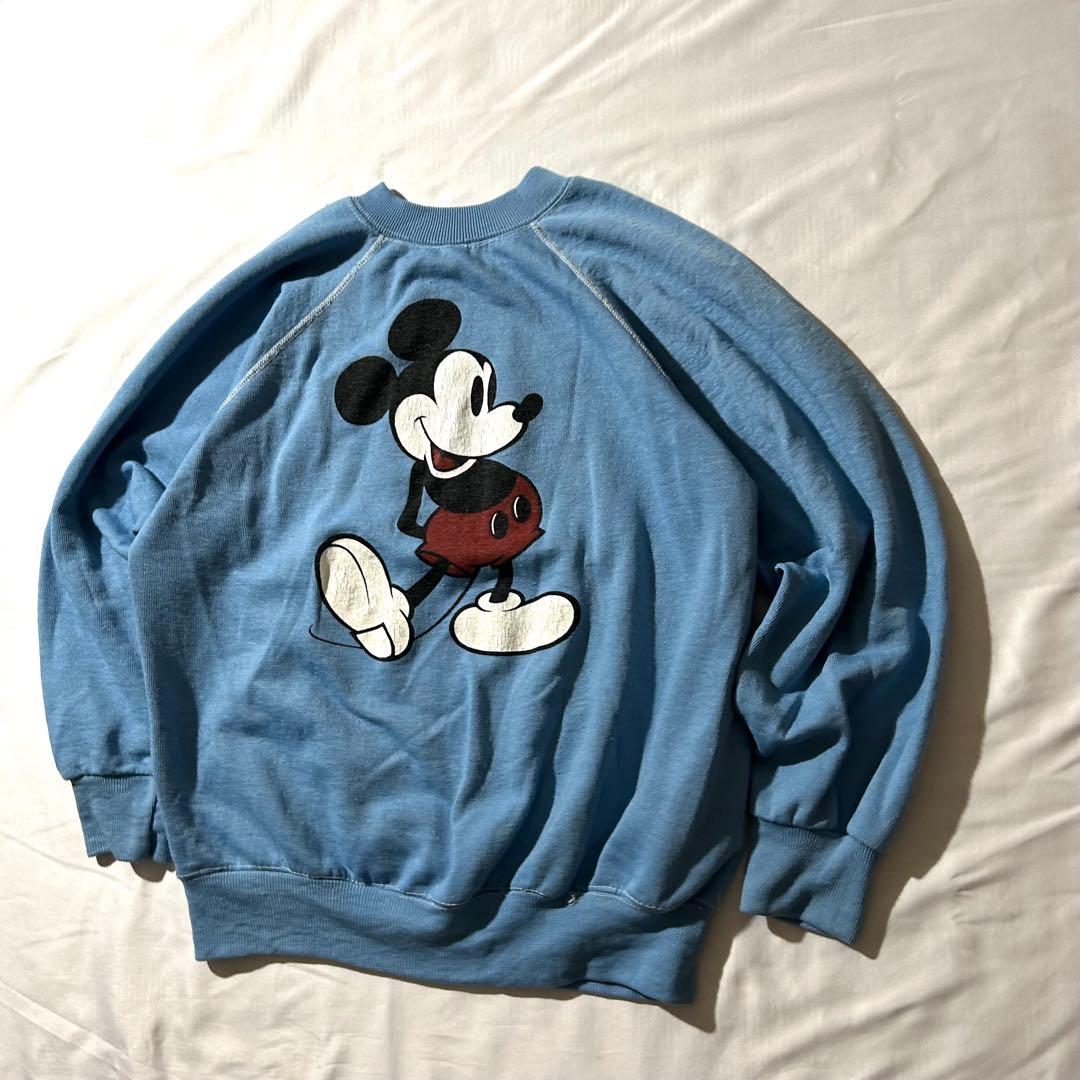 80sミッキーマウスプリント 白足 スウェット vintage 水色 短丈