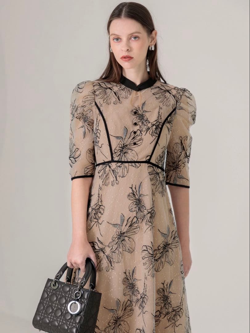 パイピングハイネック花柄ラメレースワンピースドレス結婚式二次会パーティー成人式