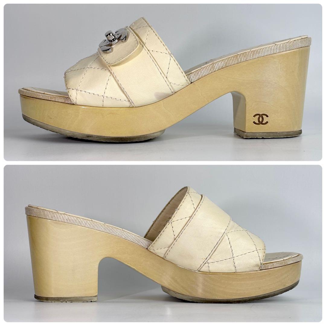 CHANEL シャネル ターンロック ミュール レザー アイボリー ヒール8㎝