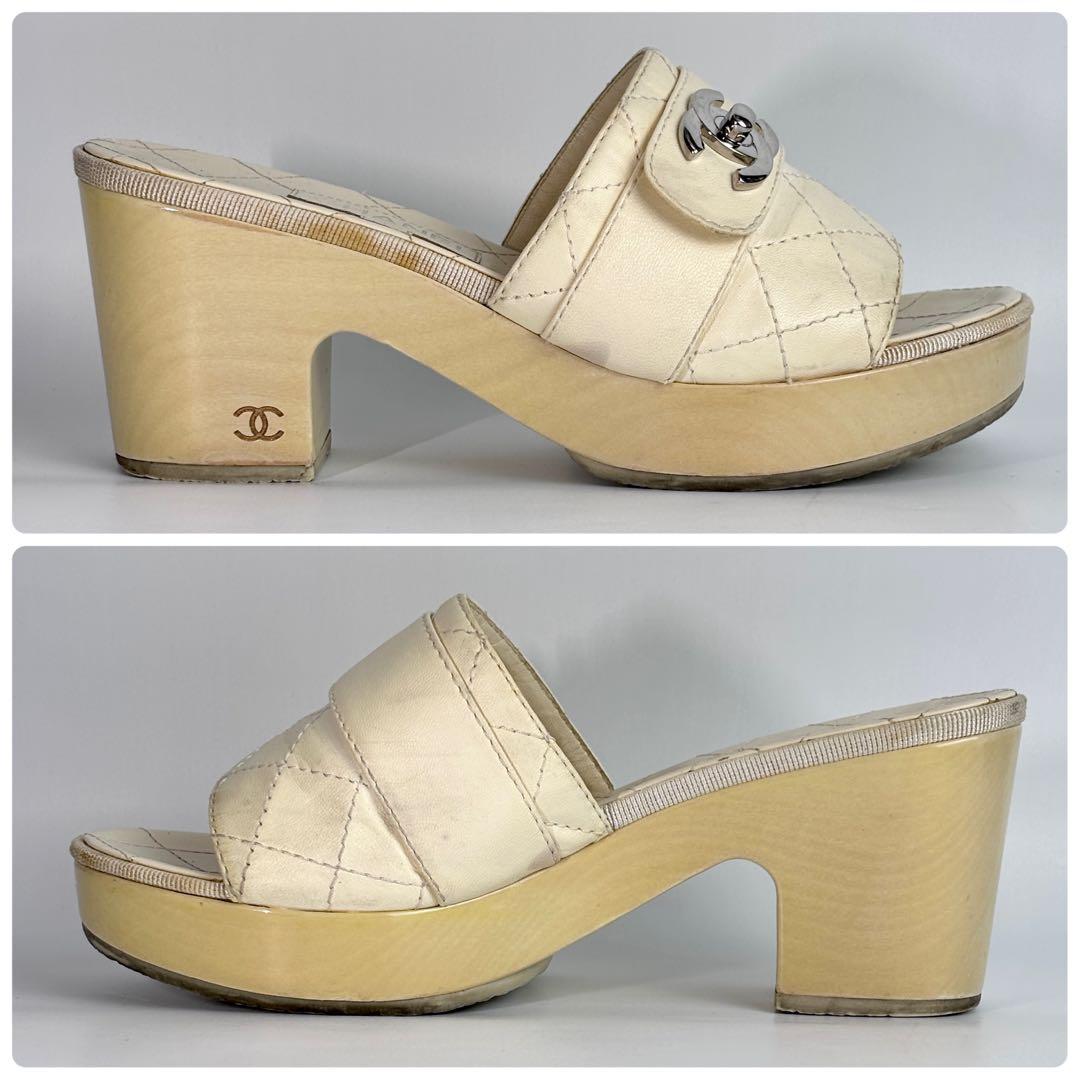 CHANEL シャネル ターンロック ミュール レザー アイボリー ヒール8㎝