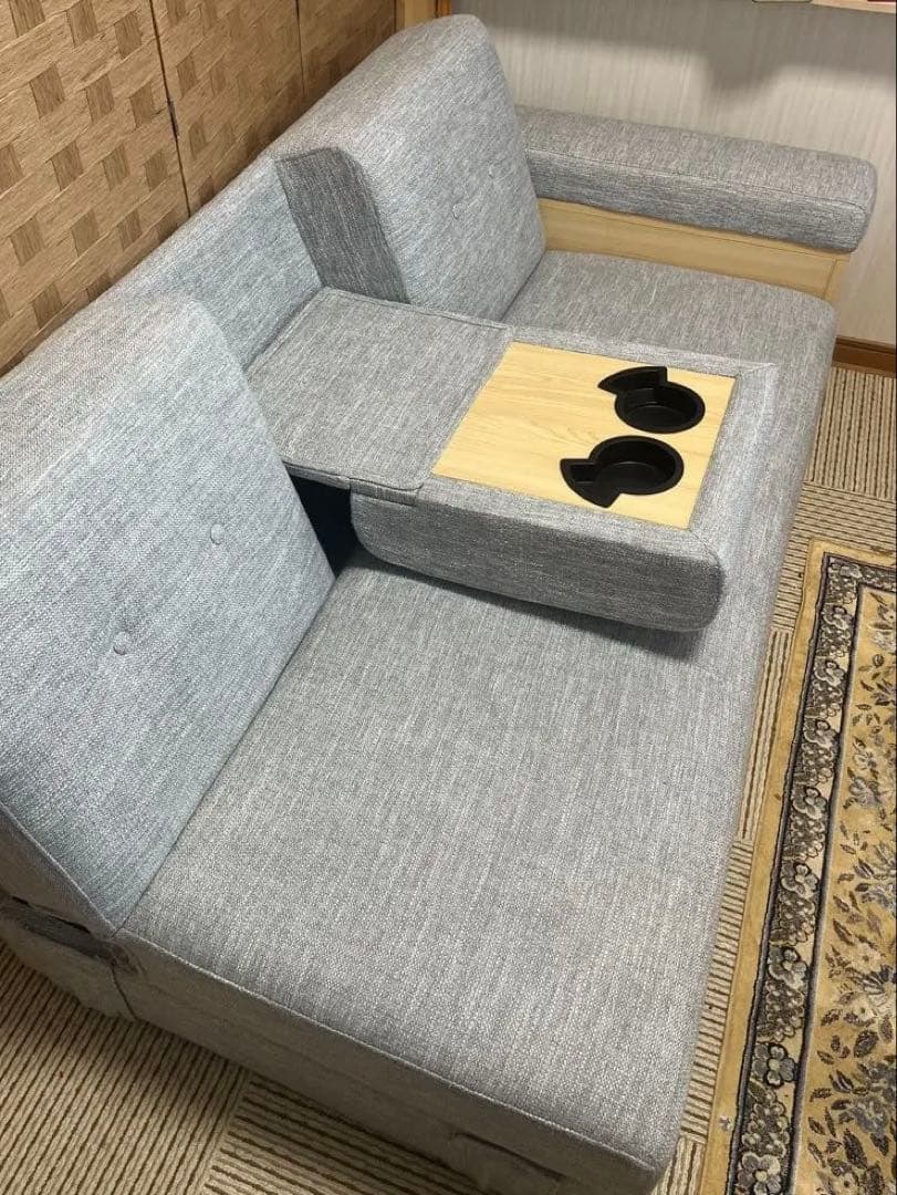 【25日まで値下げ】【メランジグレー×ナチュラル】収納付き3人掛け多機能ソファ