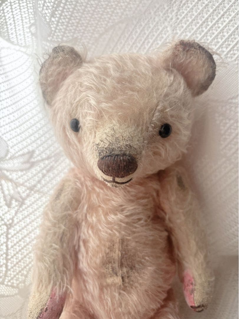 ハンドメイドベア(天然モヘア・アンティーク加工　ワンピ付き)全長28cm