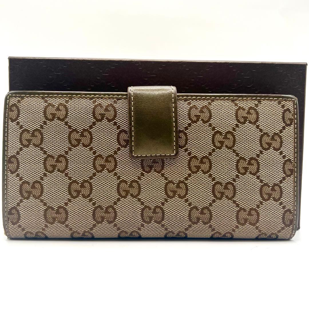 GUCCI グッチ GGキャンバス アイボリー レザー ロゴプレート 長財布