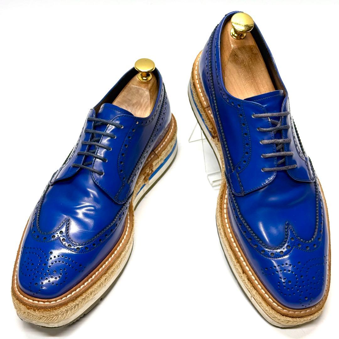 PRADA プラダ 革靴 ウィングチップ ガラスレザー ブルー エスパドリーユ