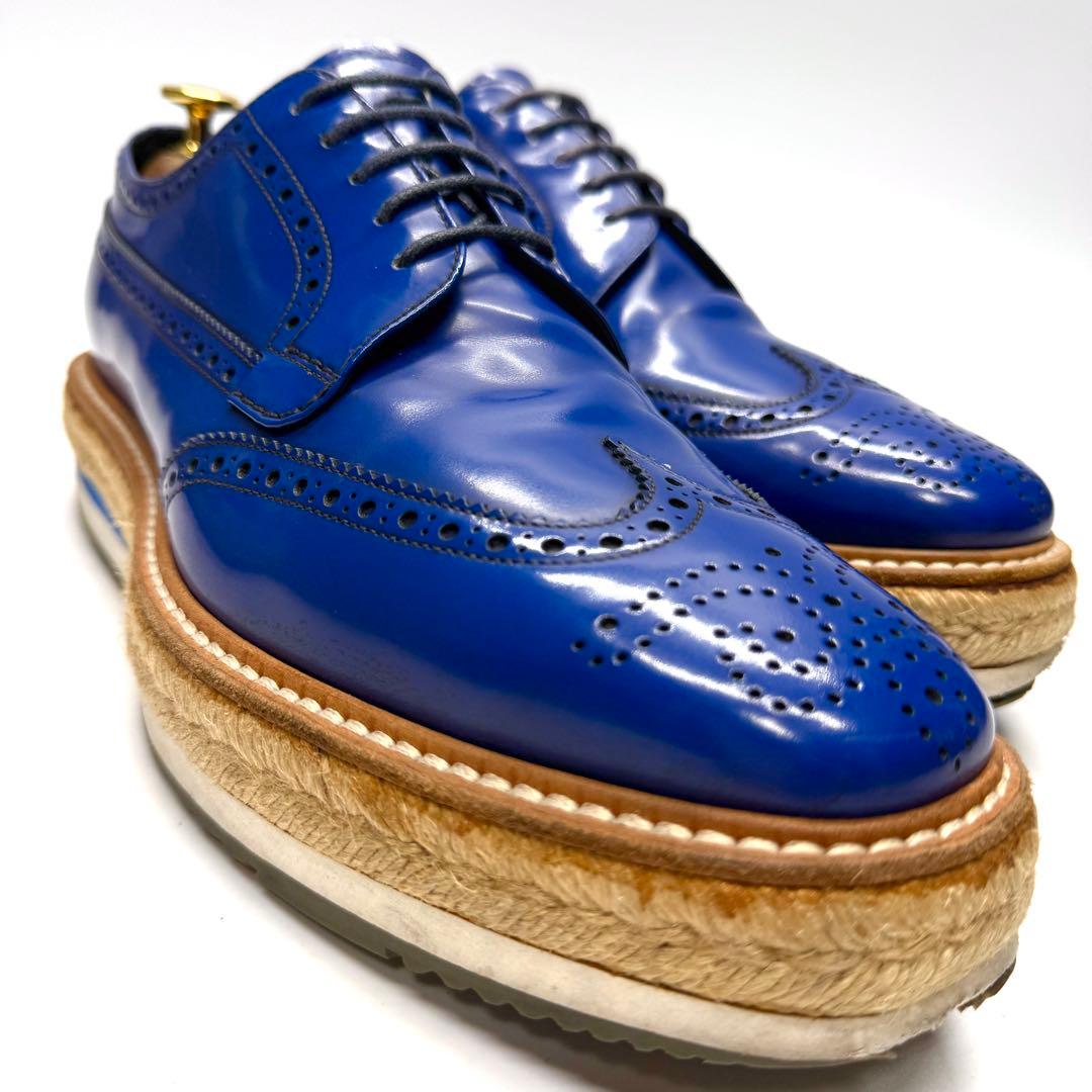 PRADA プラダ 革靴 ウィングチップ ガラスレザー ブルー エスパドリーユ