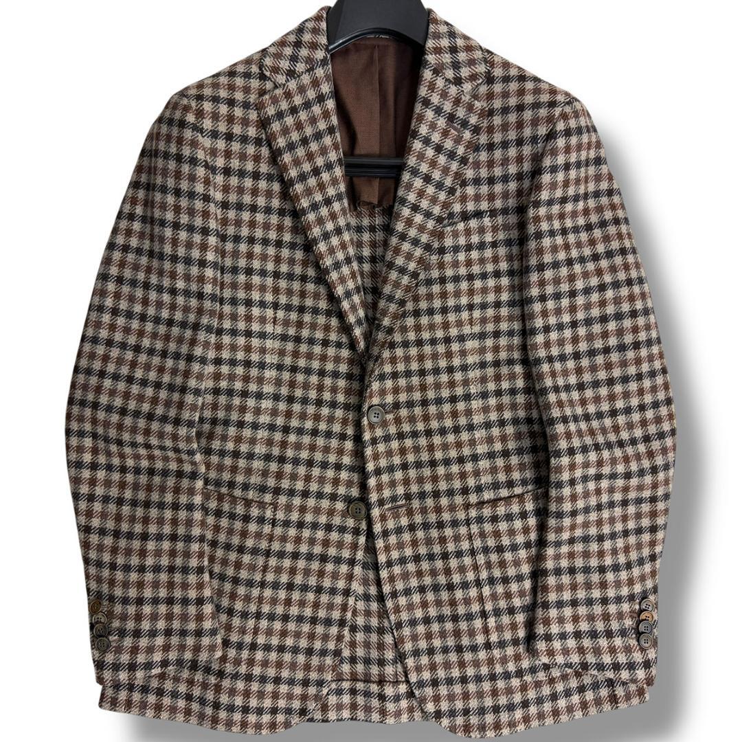 J7392 美品 スティレラティーノ チェック柄ツイードジャケット 茶×灰 46