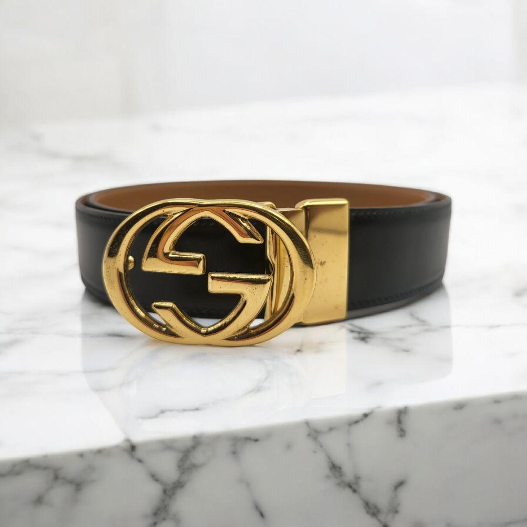 GUCCI グッチ GGバックル レザーベルト 黒×金 正規品