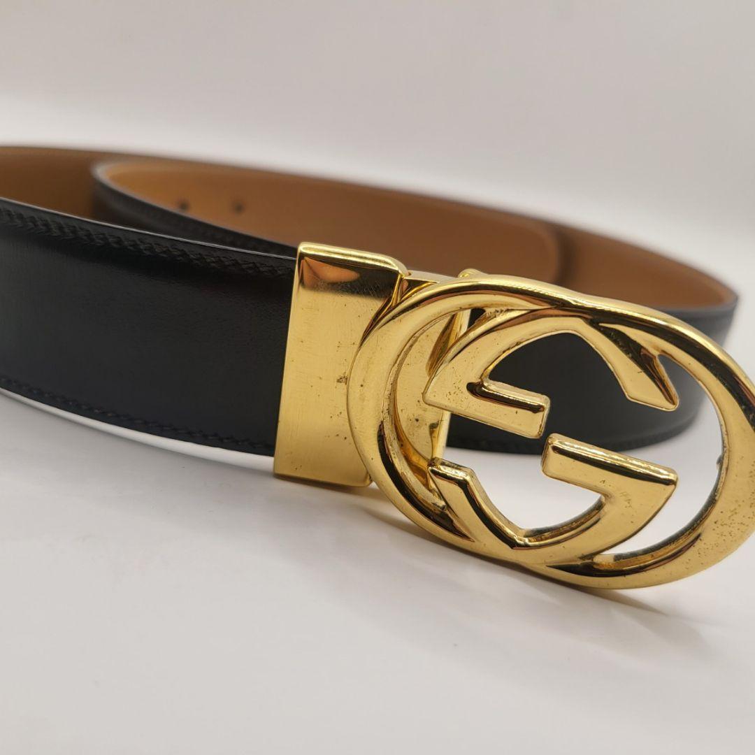 GUCCI グッチ GGバックル レザーベルト 黒×金 正規品