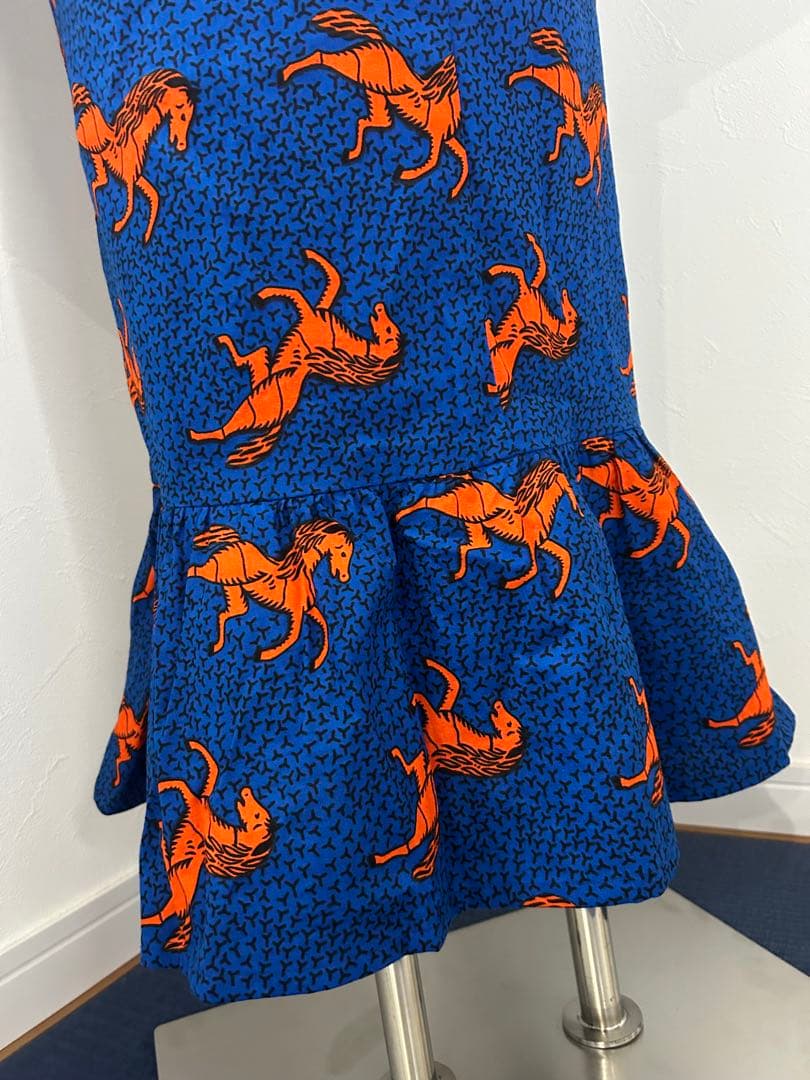 アフリカ布 浴衣 レディース フリル 着物 ハンドメイド 1点もの 馬柄 青