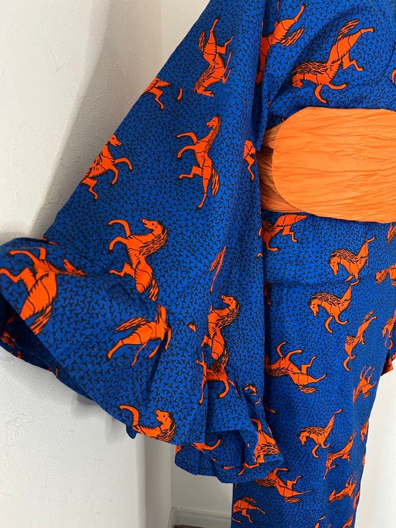 アフリカ布 浴衣 レディース フリル 着物 ハンドメイド 1点もの 馬柄 青