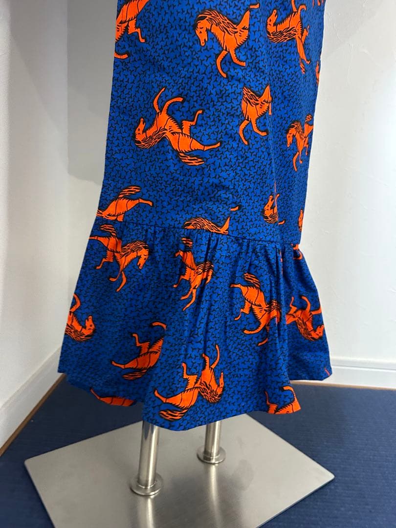 アフリカ布 浴衣 レディース フリル 着物 ハンドメイド 1点もの 馬柄 青