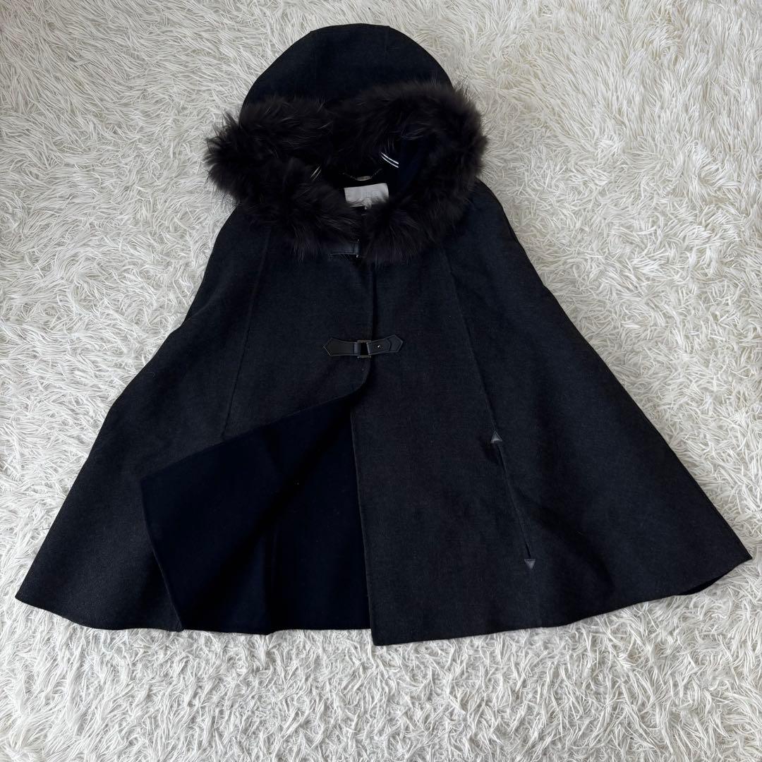 自由区✨2way アンゴラウール　ポンチョ　リアルファー　フード　ケープコートM