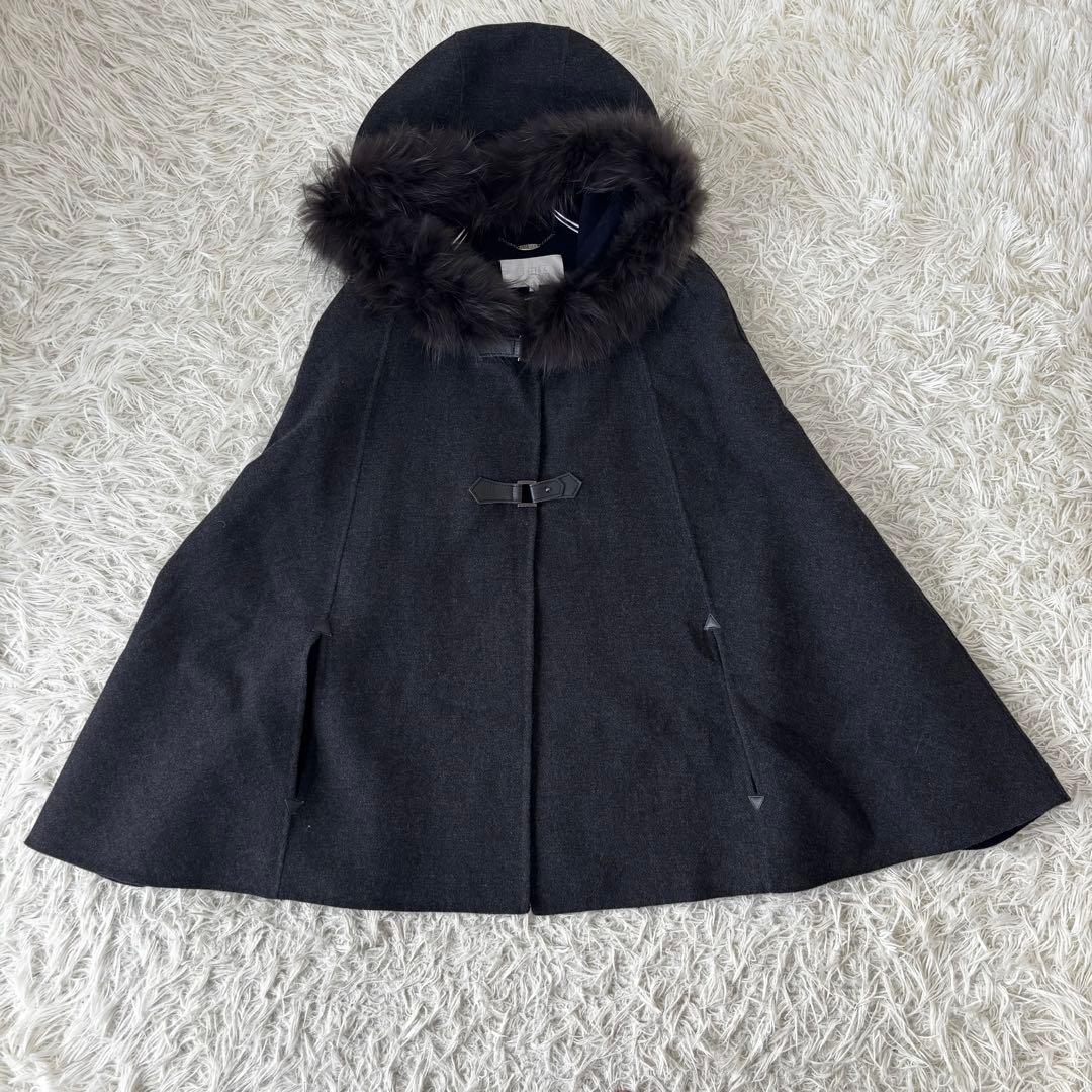 自由区✨2way アンゴラウール　ポンチョ　リアルファー　フード　ケープコートM