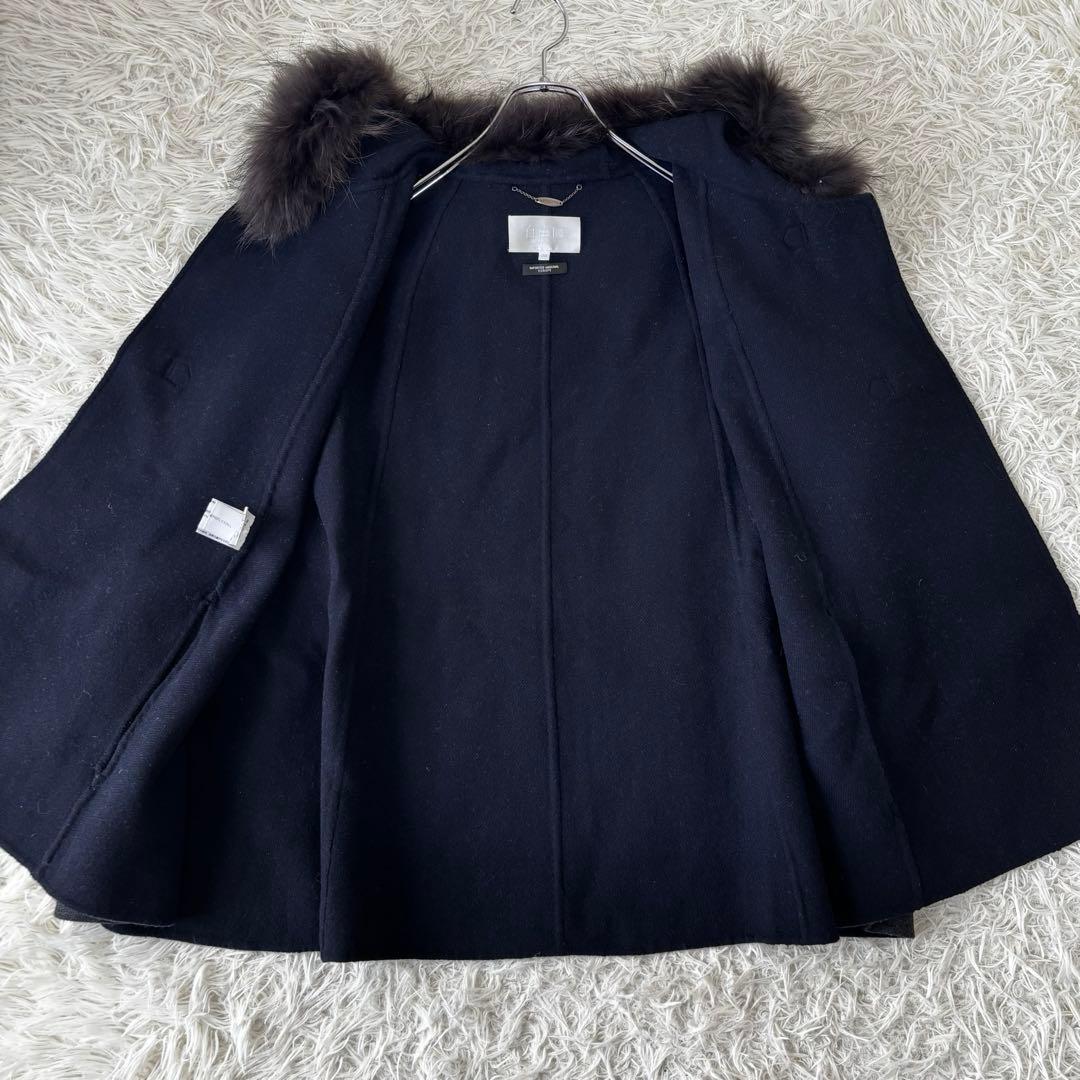 自由区✨2way アンゴラウール　ポンチョ　リアルファー　フード　ケープコートM