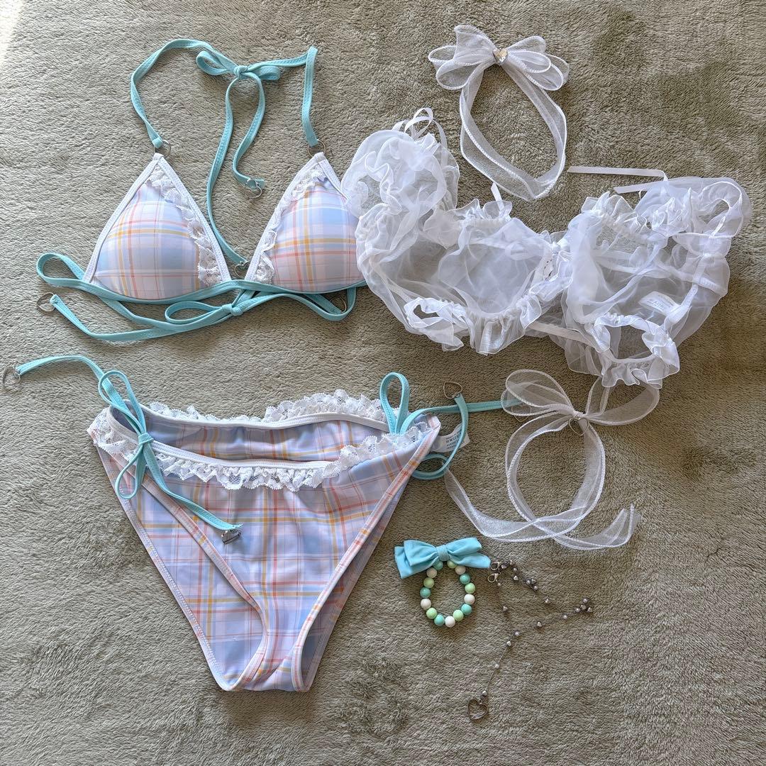 Malymoon シルキーシャボンチェックビキニ《レディース水着5点セット》