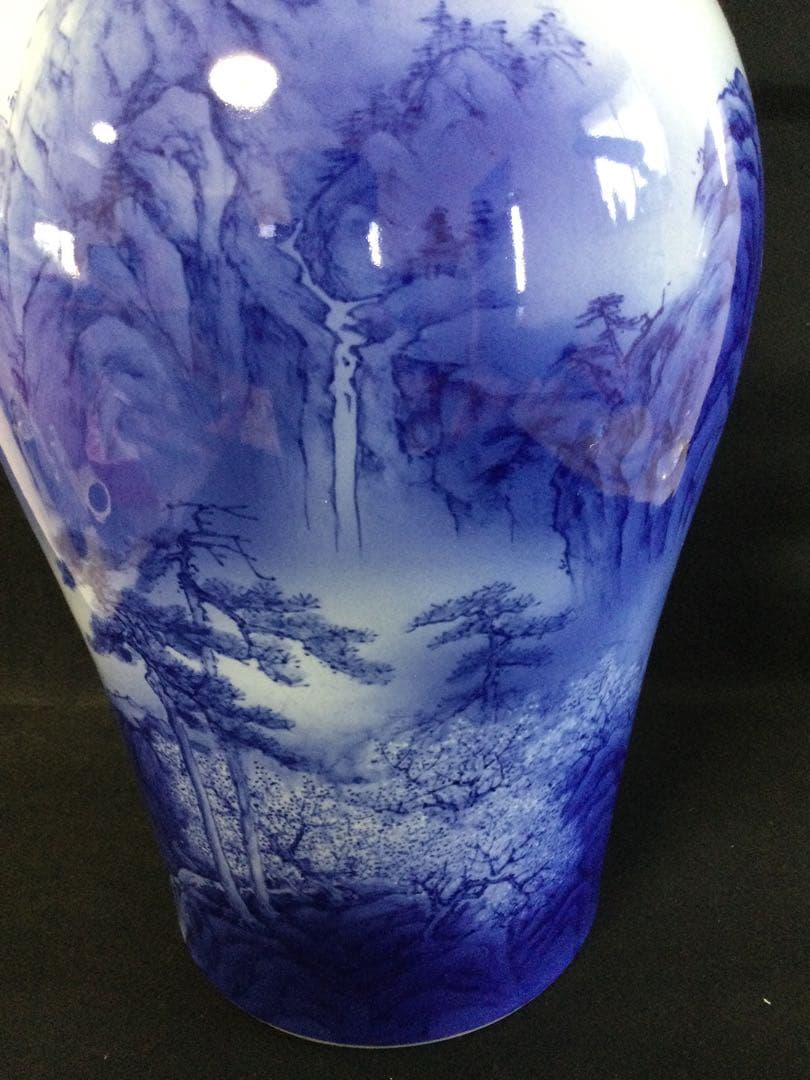 砥部焼 染付山水図花瓶 中元竹山作 花瓶 飾り壷 供箱 L252