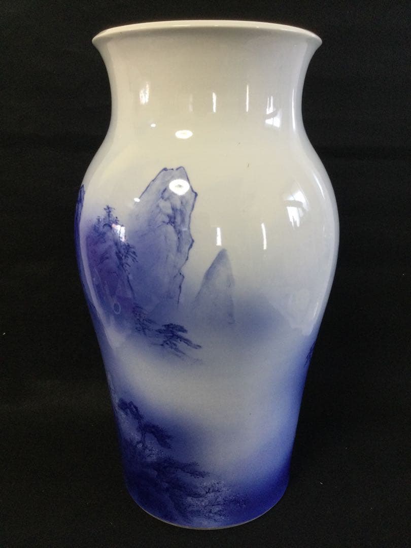 砥部焼 染付山水図花瓶 中元竹山作 花瓶 飾り壷 供箱 L252