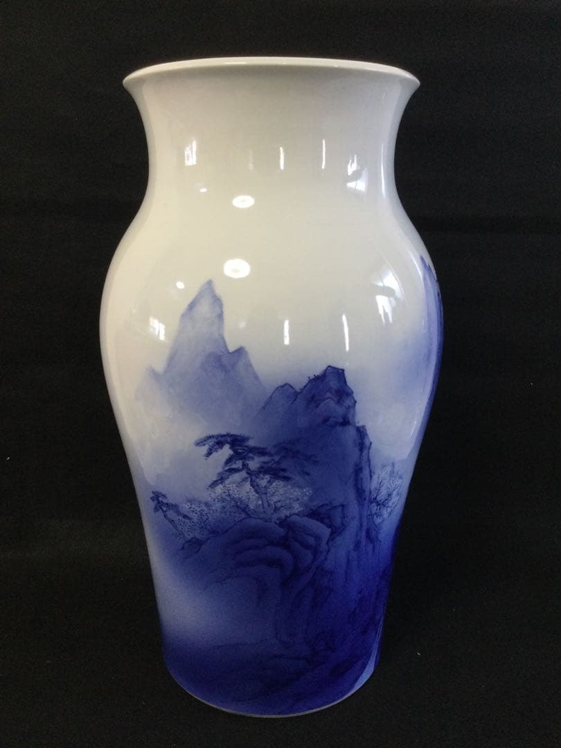 砥部焼 染付山水図花瓶 中元竹山作 花瓶 飾り壷 供箱 L252