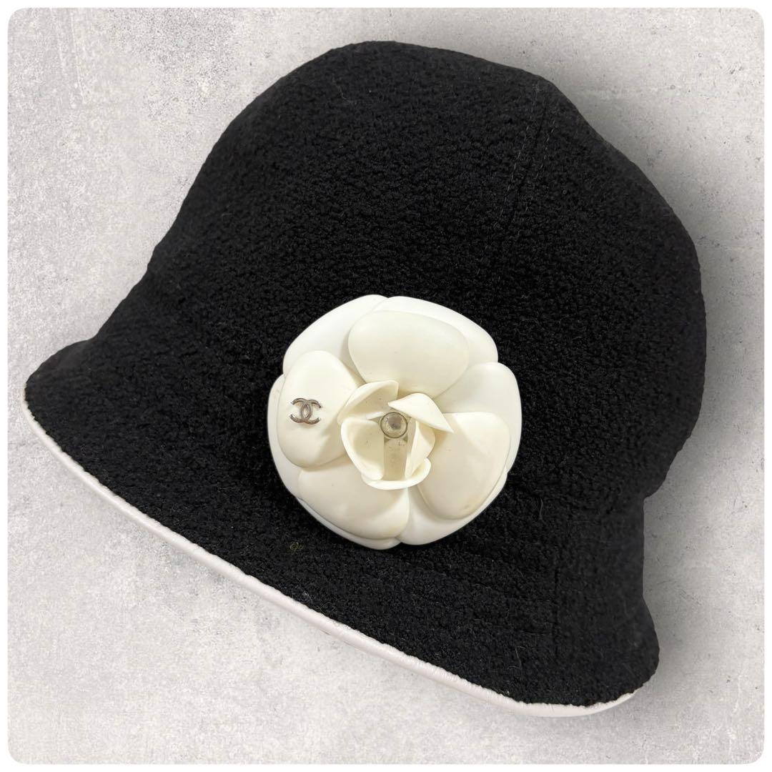 希少✨極美品 CHANEL シャネル バケットハット カメリア サイズ57 黒