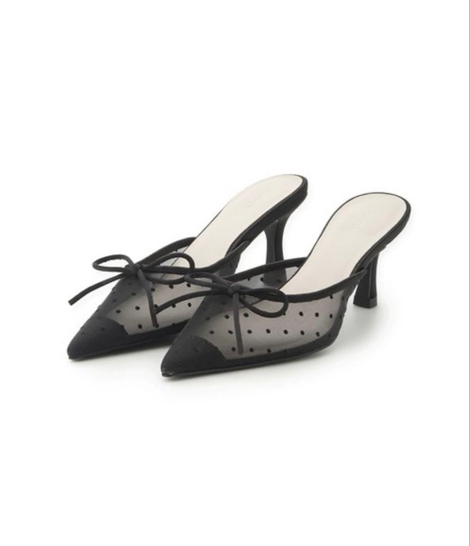 **超美品** SNIDEL スナイデル ドットチュールリボンミュール ブラック