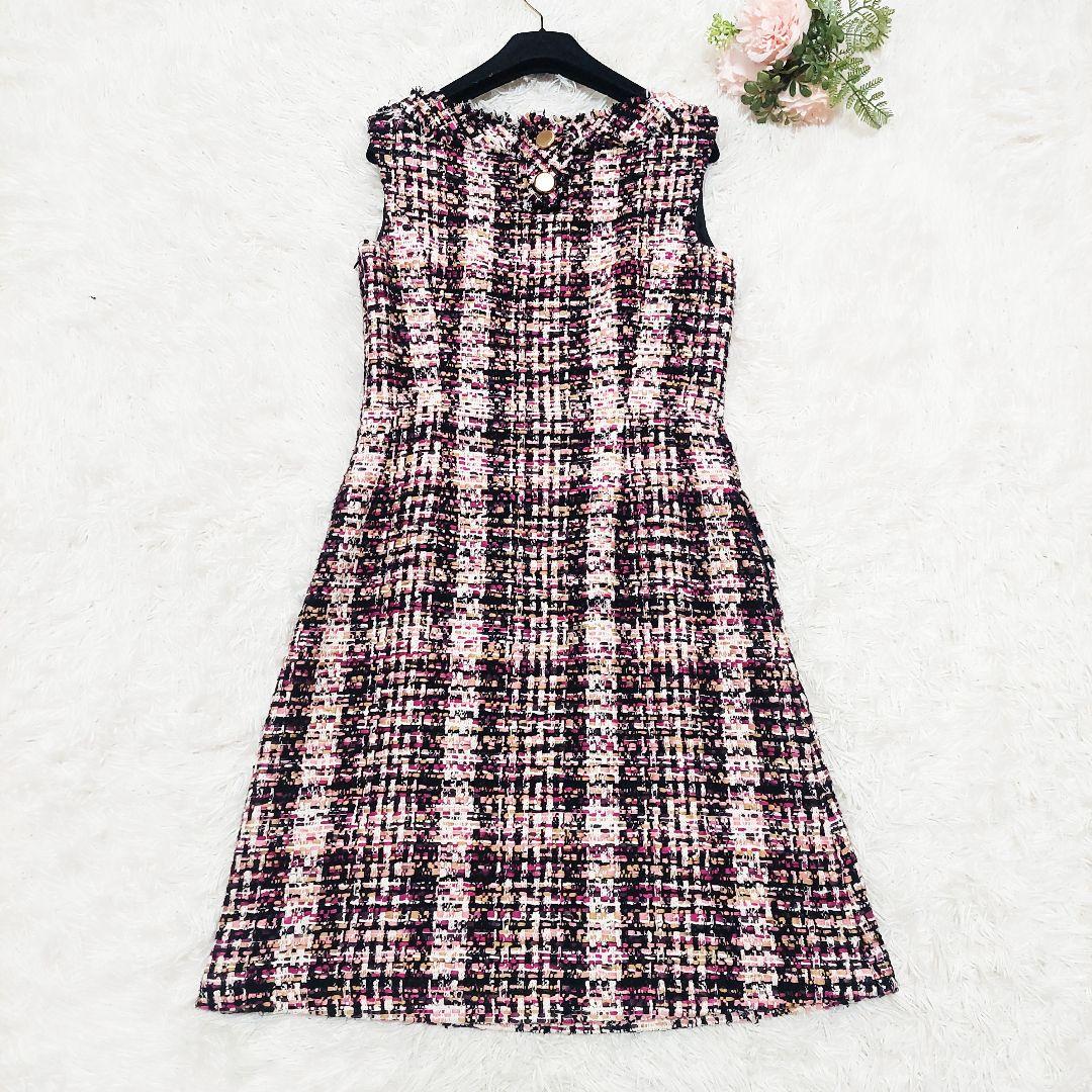 TOCCA ミックス ツイードワンピース フリンジ 金ボタン 大きいサイズ 4