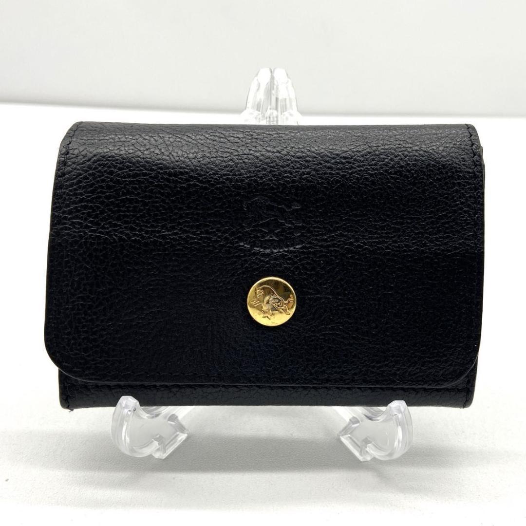 【希少】イルビゾンテ　名刺入れ　レザー　シボ革　金ボタン　ロゴ刻印　黒　極美品