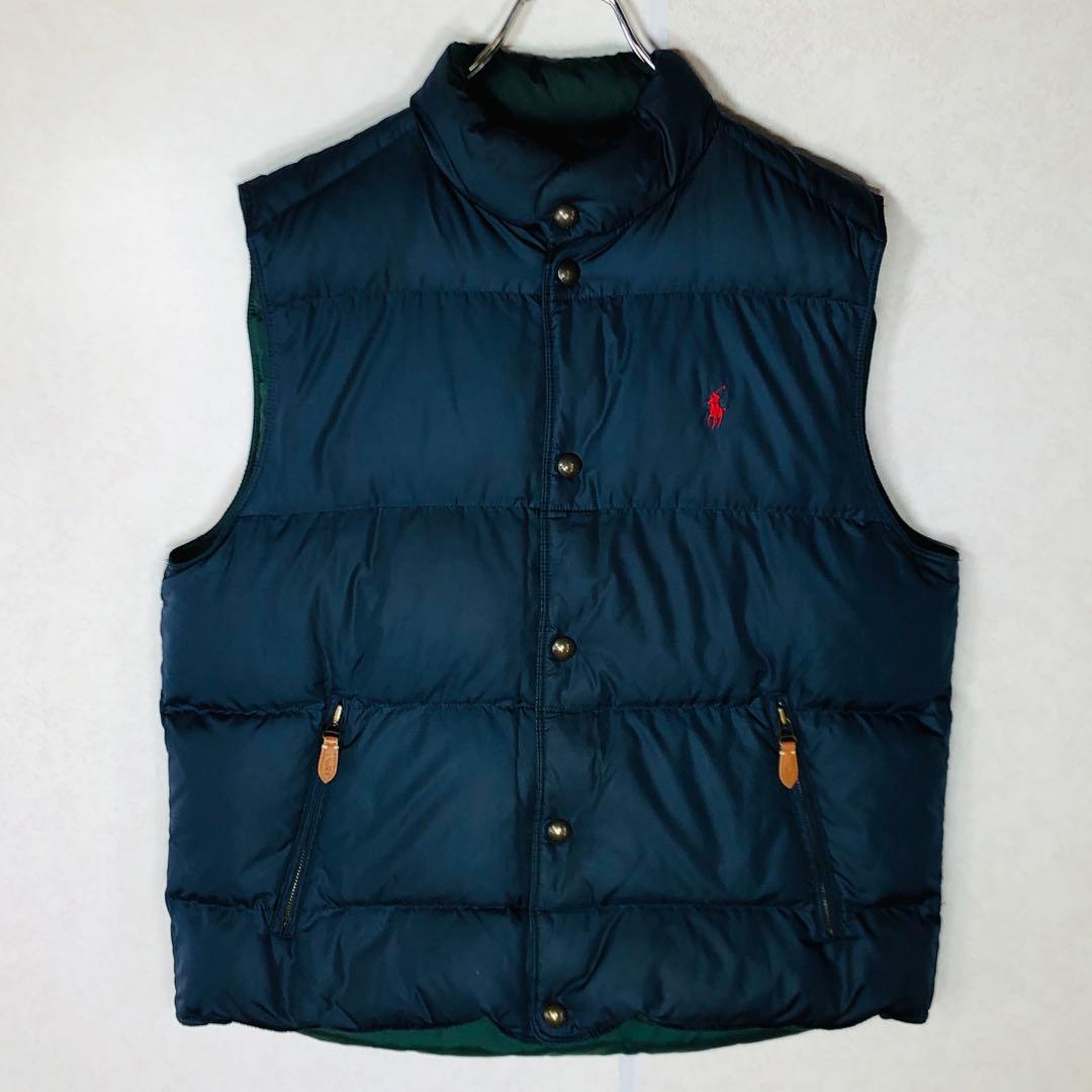【人気リバーシブルダウン】ラルフローレン ダウンベスト 刺繍ロゴ ネイビー 緑紺