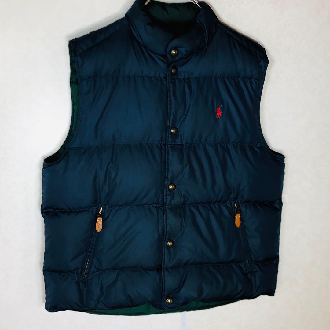 【人気リバーシブルダウン】ラルフローレン ダウンベスト 刺繍ロゴ ネイビー 緑紺