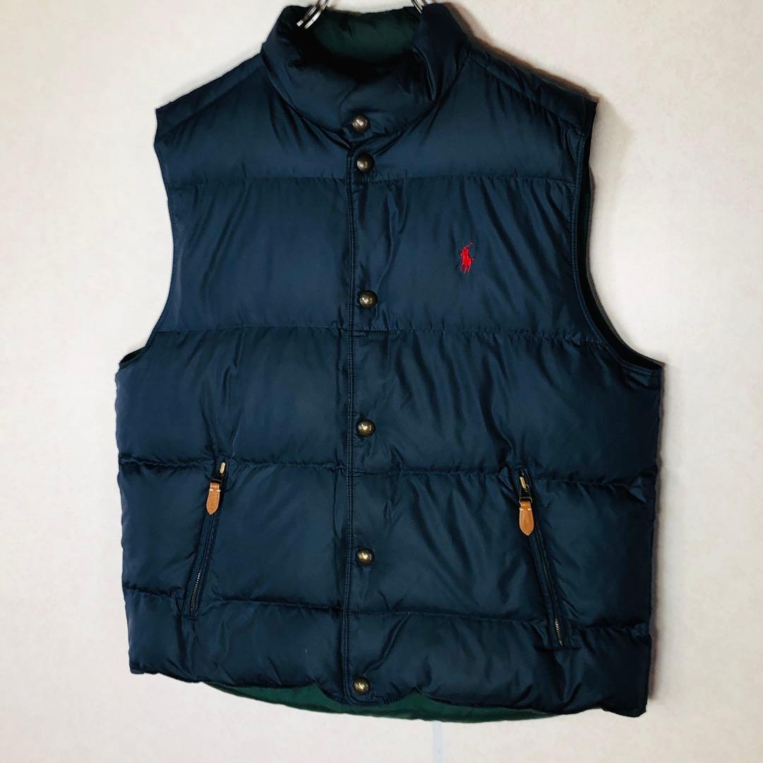 【人気リバーシブルダウン】ラルフローレン ダウンベスト 刺繍ロゴ ネイビー 緑紺
