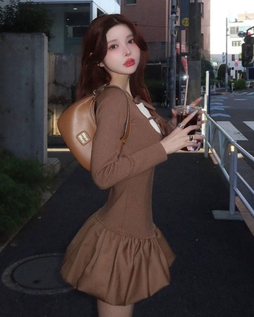 darich ダブルリボンドッキングバルーンミニワンピース ブラウン