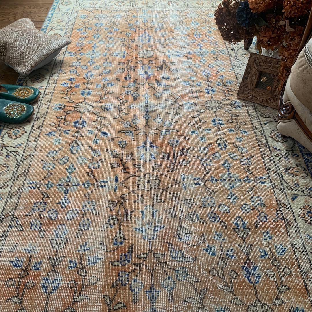 トルコヴィンテージラグ　 シャビーオレンジ　200×114 幅広　 ボタニカル