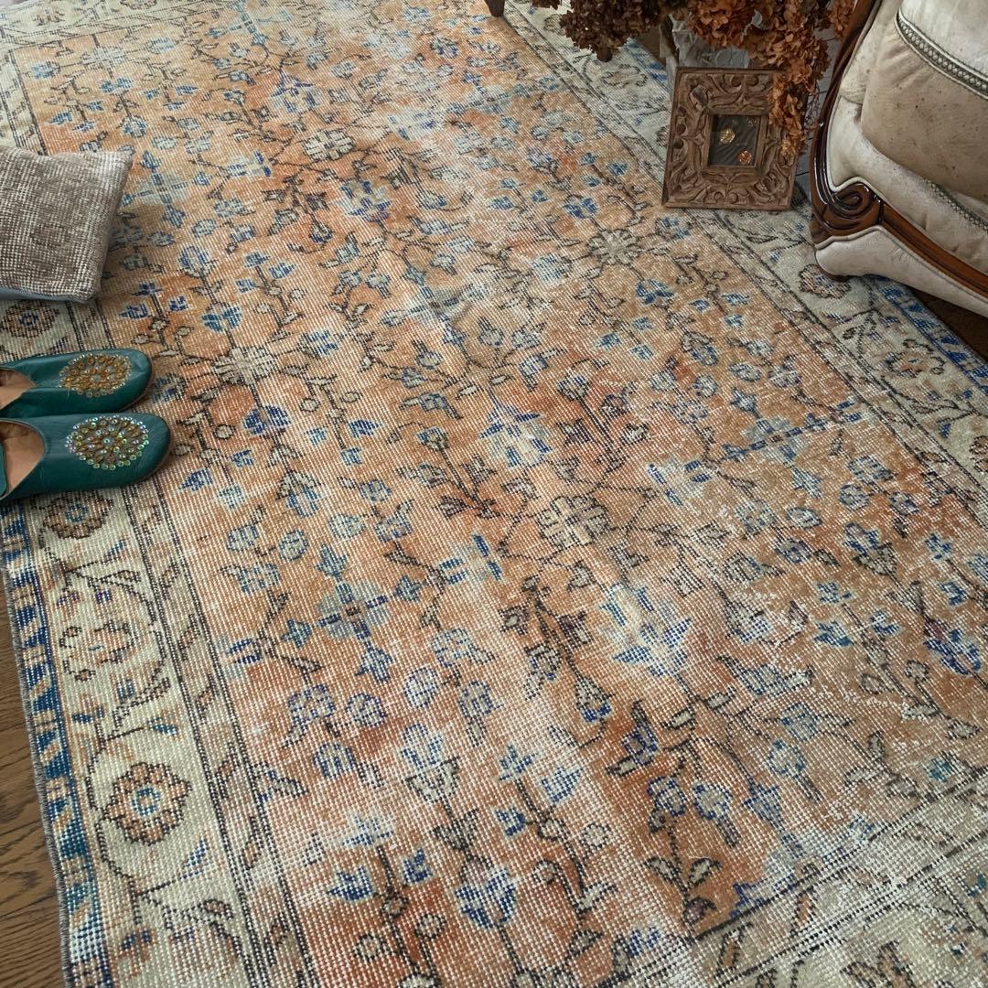 トルコヴィンテージラグ　 シャビーオレンジ　200×114 幅広　 ボタニカル