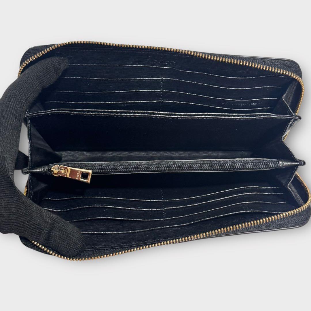 超美品✨FURLA フルラ　長財布　ラウンドファスナー　ロゴ金具　黒　レザー