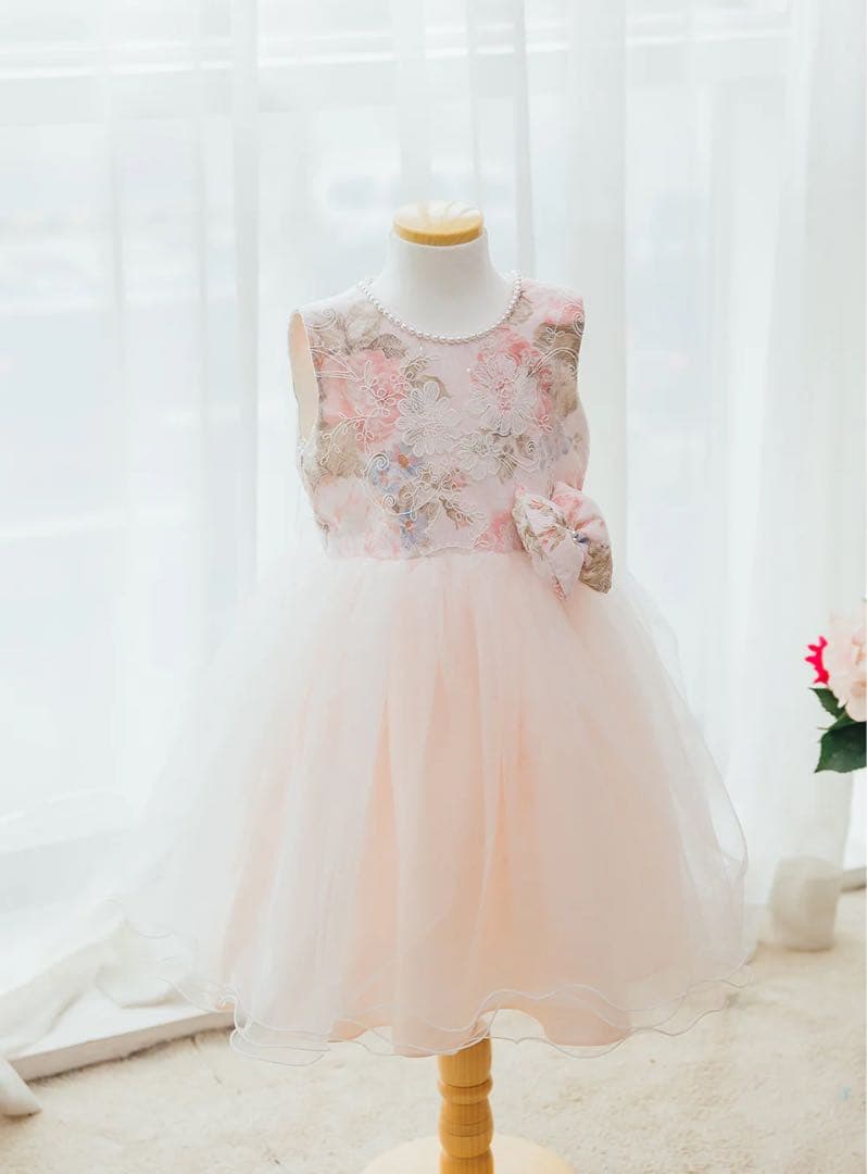 【まめ】DRESCCOドレスコ　ピンクフラワーコットンチュールドレス　90