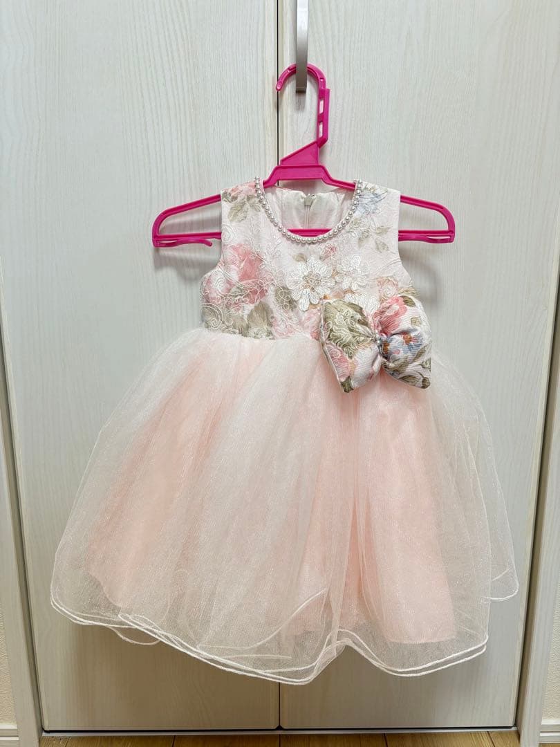 【まめ】DRESCCOドレスコ　ピンクフラワーコットンチュールドレス　90