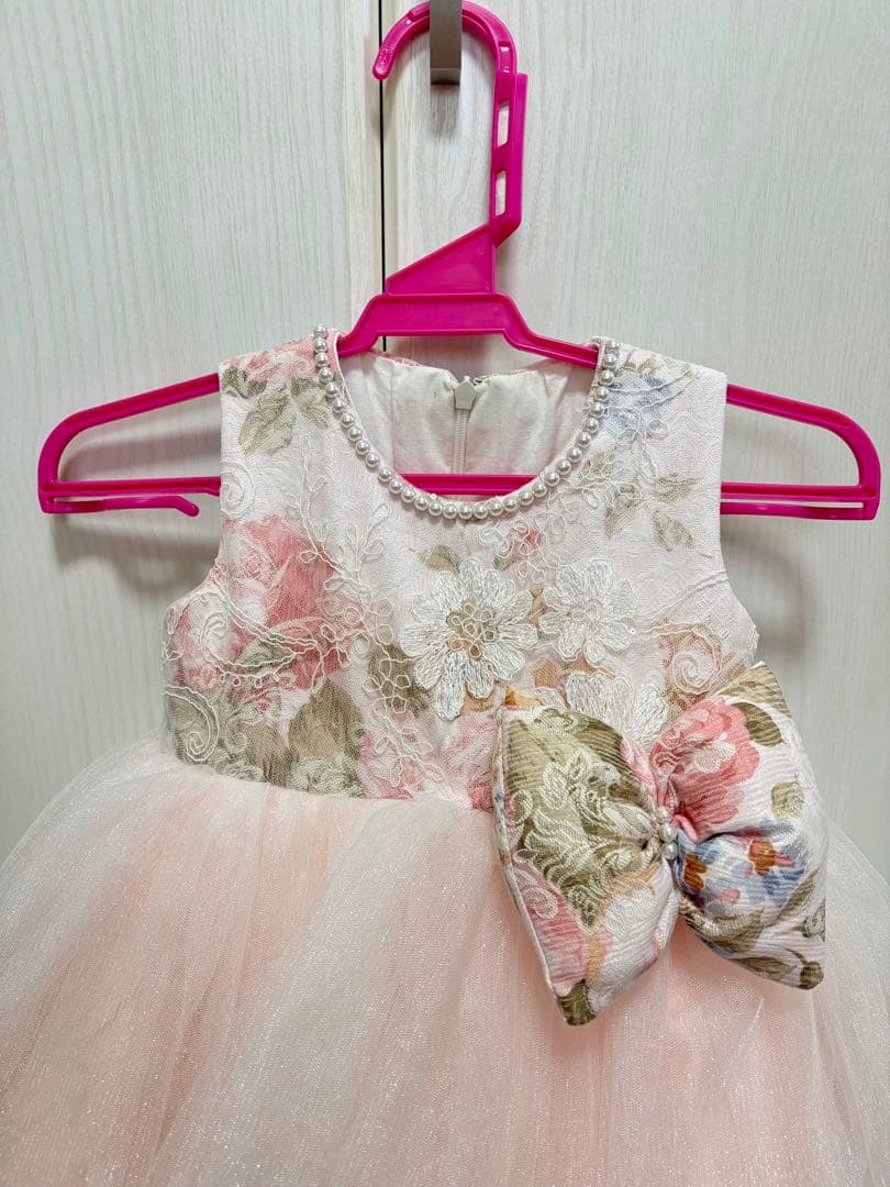 【まめ】DRESCCOドレスコ　ピンクフラワーコットンチュールドレス　90