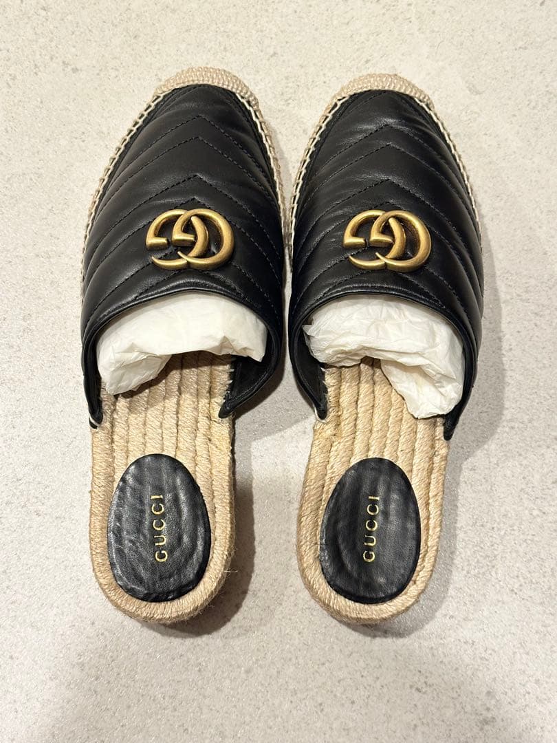 GUCCI （グッチ）ブラック エスパドリーユ レ ザー ミュール レディース