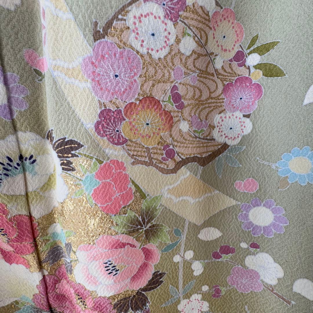 超美品　正絹　袷　現代　正統派　訪問着　着物　 163 黄緑　鶯色　手書き　上品