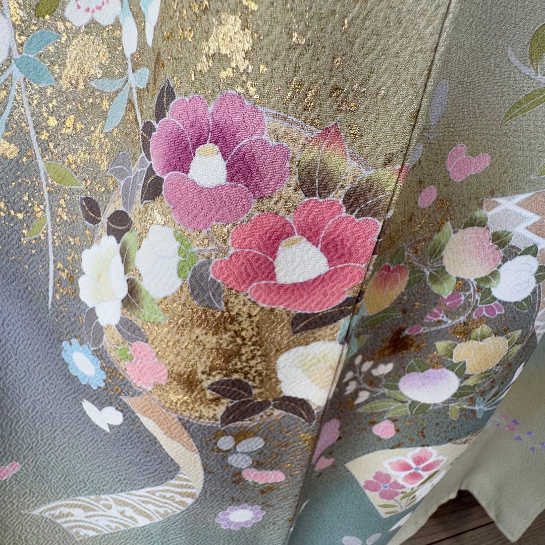 超美品　正絹　袷　現代　正統派　訪問着　着物　 163 黄緑　鶯色　手書き　上品