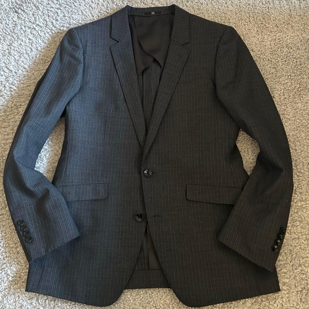 【美品】スーツセレクト 3ピース セットアップ A6 ストライプ グレー系