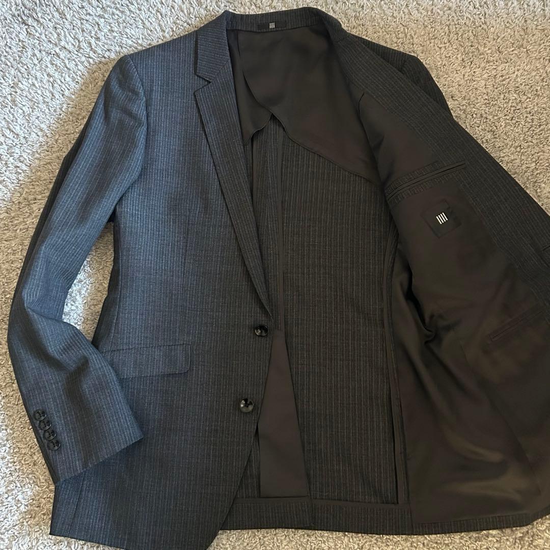 【美品】スーツセレクト 3ピース セットアップ A6 ストライプ グレー系