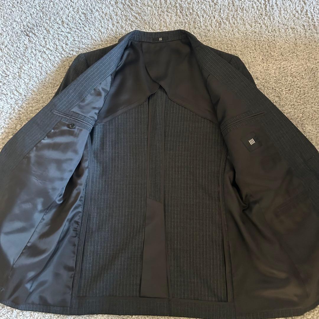 【美品】スーツセレクト 3ピース セットアップ A6 ストライプ グレー系